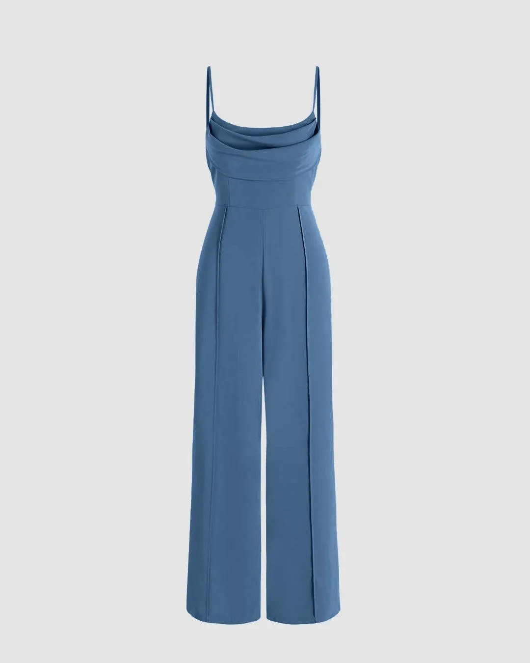 Solid Ruched Strappy-Sleeves Blue Jumpsuit