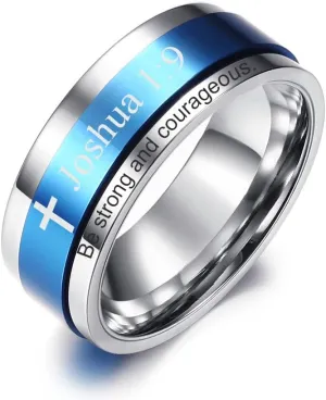 Stainless Steel Ring Scripture Cross Praying Rotatable Ring Religious Cross Serenity Customize Mother's Day Jesus Christian Gift Religious Jewelry, (Two Tone Blue) Size 7 to 12