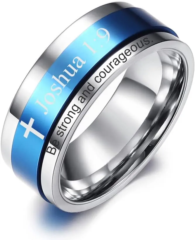 Stainless Steel Ring Scripture Cross Praying Rotatable Ring Religious Cross Serenity Customize Mother's Day Jesus Christian Gift Religious Jewelry, (Two Tone Blue) Size 7 to 12