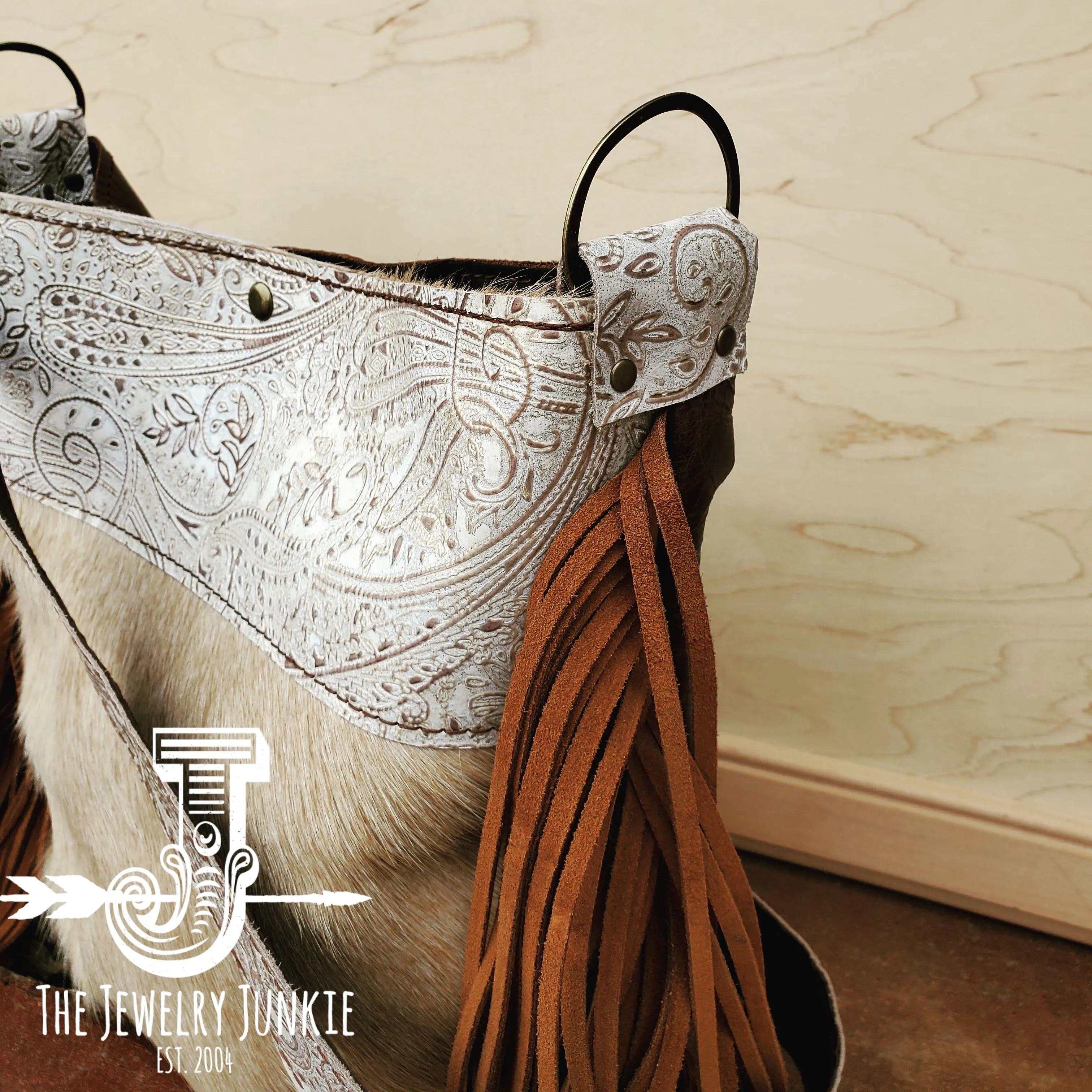 **Tejas Leather Bucket Hide Handbag with Oyster Paisley Accent 505k