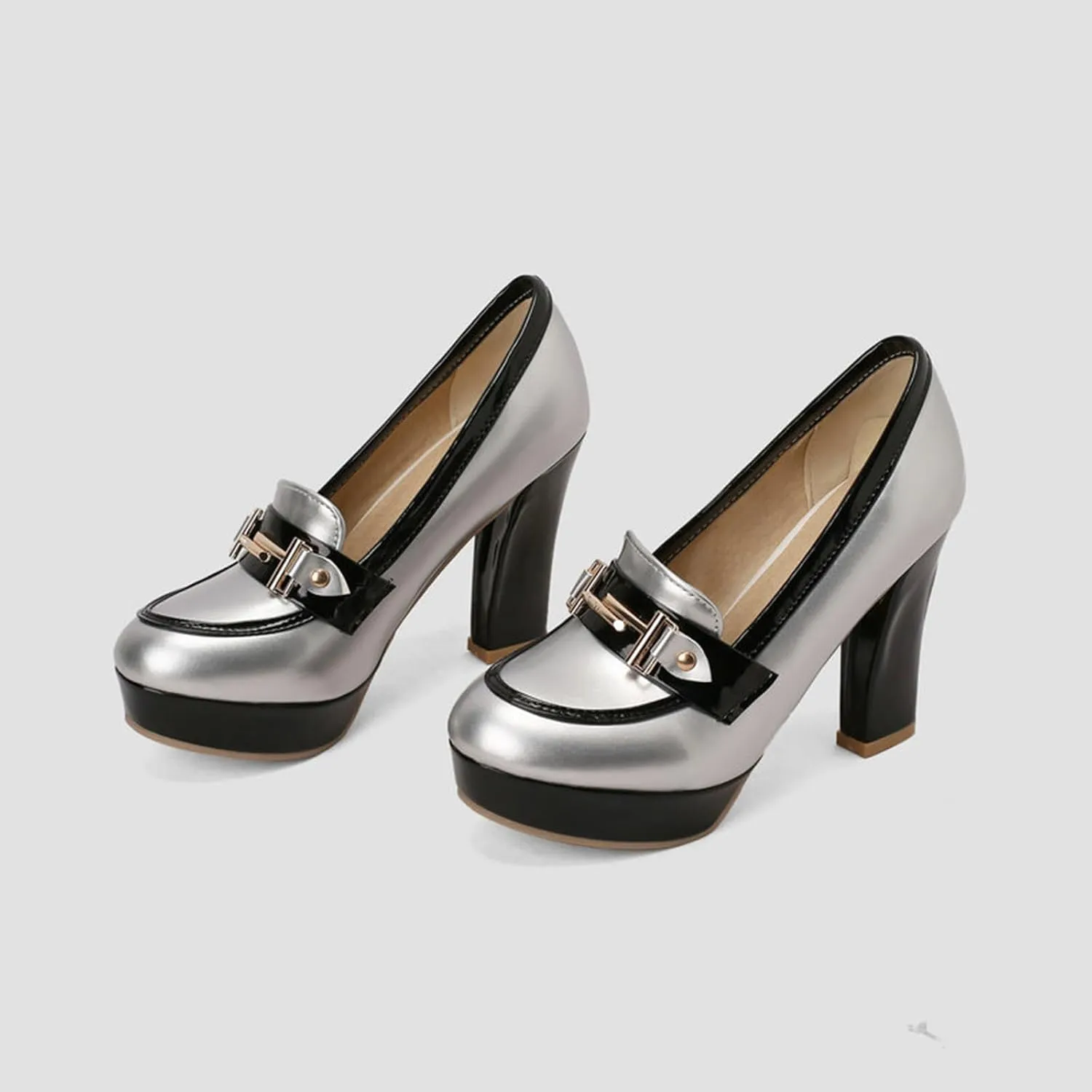 TNXZ Women Round Toe Low Platform High Heel Pumps, Slip On Dress Loafers Leather Patchwork for Ladies Girls Office