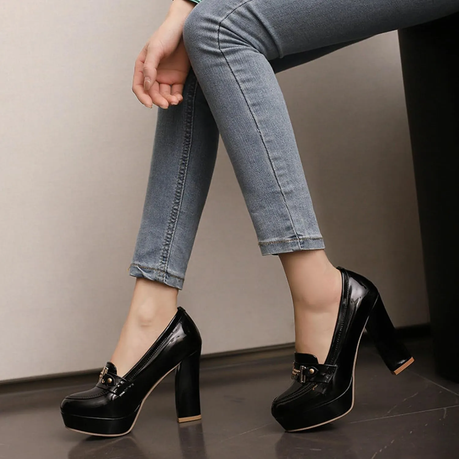 TNXZ Women Round Toe Low Platform High Heel Pumps, Slip On Dress Loafers Leather Patchwork for Ladies Girls Office