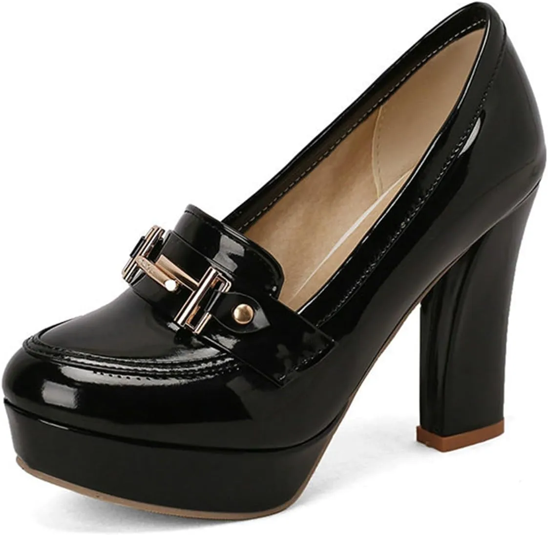 TNXZ Women Round Toe Low Platform High Heel Pumps, Slip On Dress Loafers Leather Patchwork for Ladies Girls Office