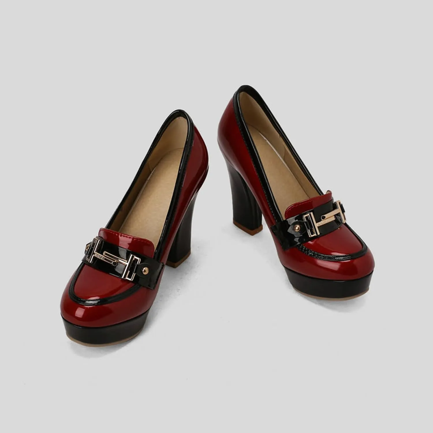 TNXZ Women Round Toe Low Platform High Heel Pumps, Slip On Dress Loafers Leather Patchwork for Ladies Girls Office