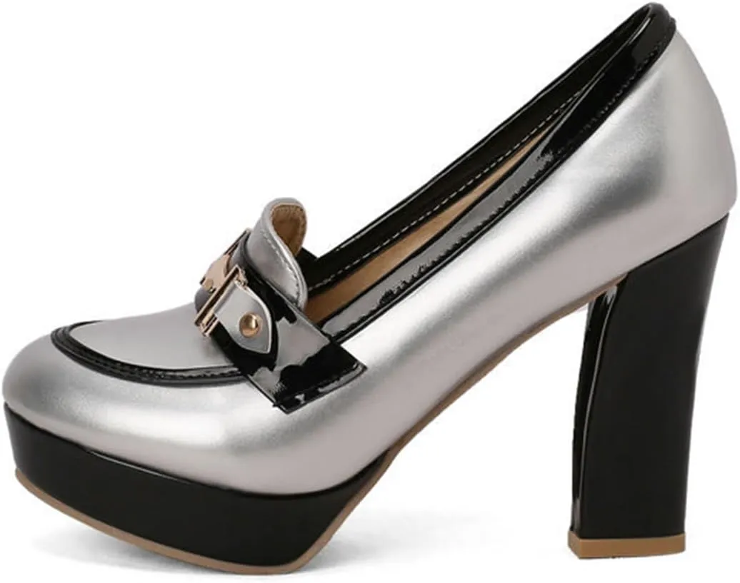 TNXZ Women Round Toe Low Platform High Heel Pumps, Slip On Dress Loafers Leather Patchwork for Ladies Girls Office