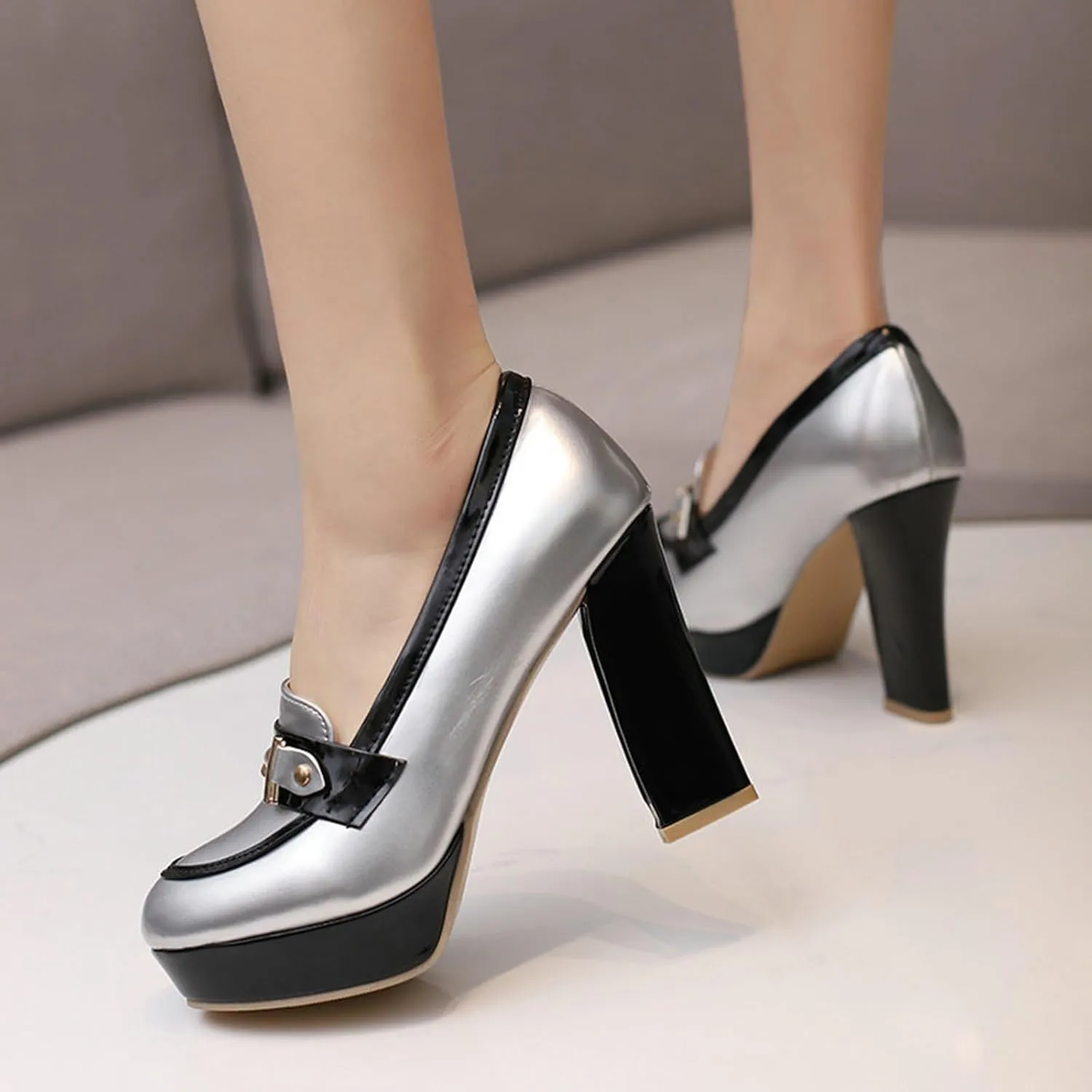 TNXZ Women Round Toe Low Platform High Heel Pumps, Slip On Dress Loafers Leather Patchwork for Ladies Girls Office