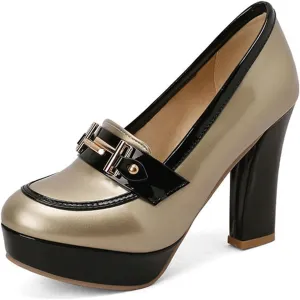 TNXZ Women Round Toe Low Platform High Heel Pumps, Slip On Dress Loafers Leather Patchwork for Ladies Girls Office