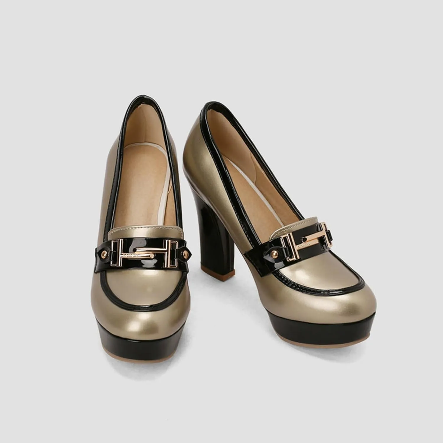 TNXZ Women Round Toe Low Platform High Heel Pumps, Slip On Dress Loafers Leather Patchwork for Ladies Girls Office