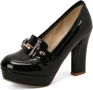 TNXZ Women Round Toe Low Platform High Heel Pumps, Slip On Dress Loafers Leather Patchwork for Ladies Girls Office