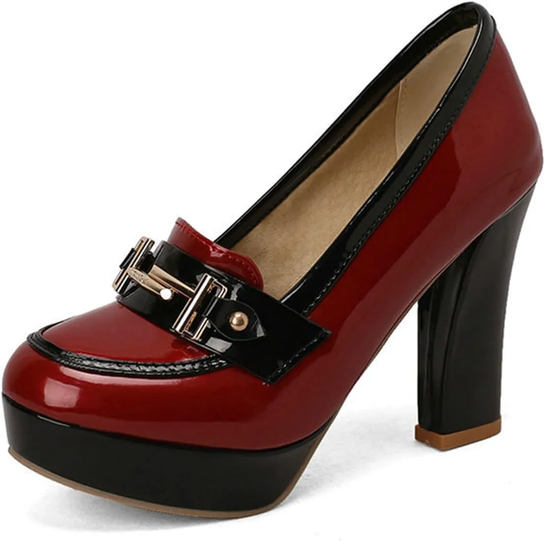 TNXZ Women Round Toe Low Platform High Heel Pumps, Slip On Dress Loafers Leather Patchwork for Ladies Girls Office
