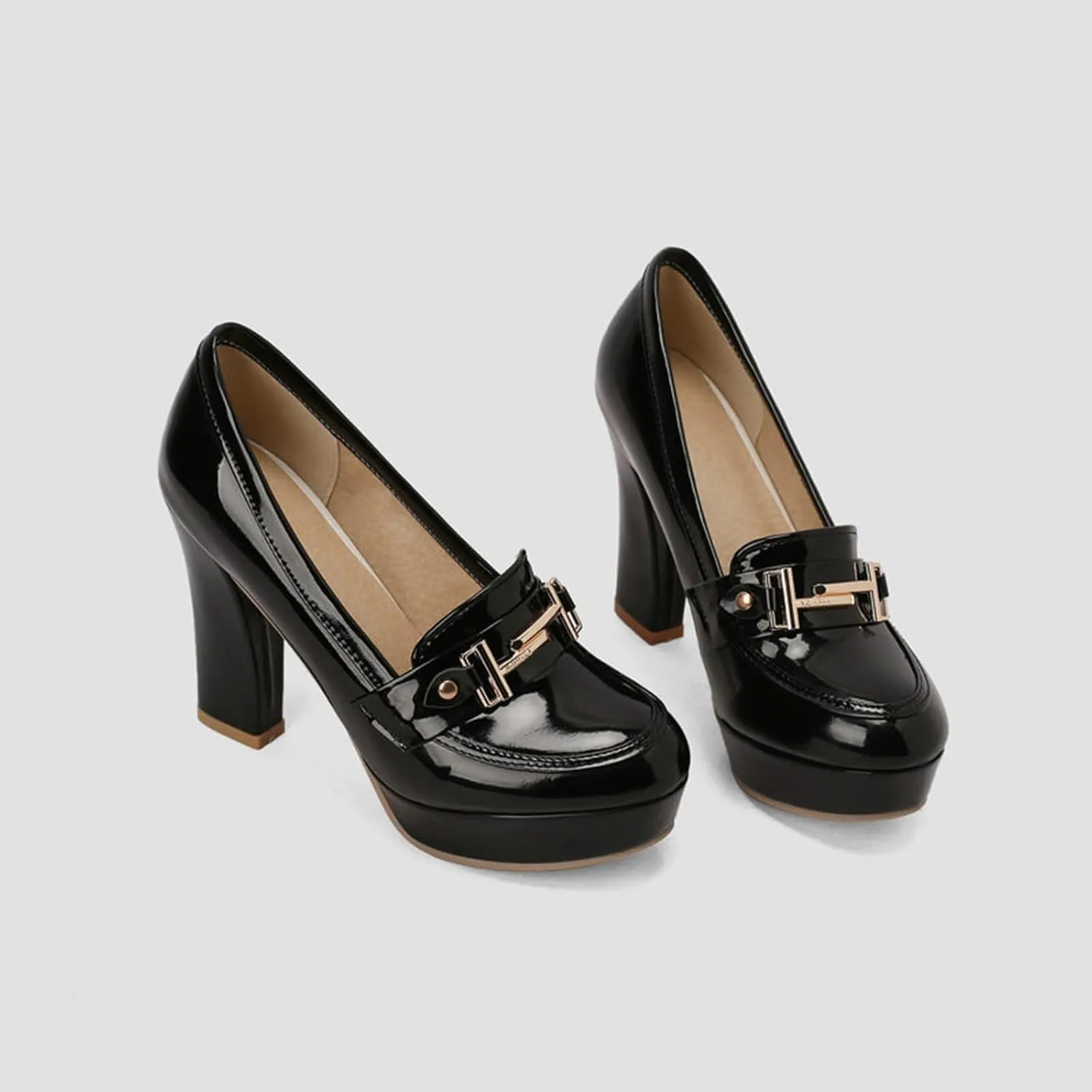 TNXZ Women Round Toe Low Platform High Heel Pumps, Slip On Dress Loafers Leather Patchwork for Ladies Girls Office