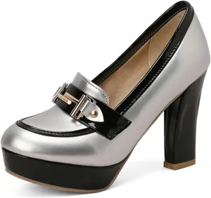 TNXZ Women Round Toe Low Platform High Heel Pumps, Slip On Dress Loafers Leather Patchwork for Ladies Girls Office