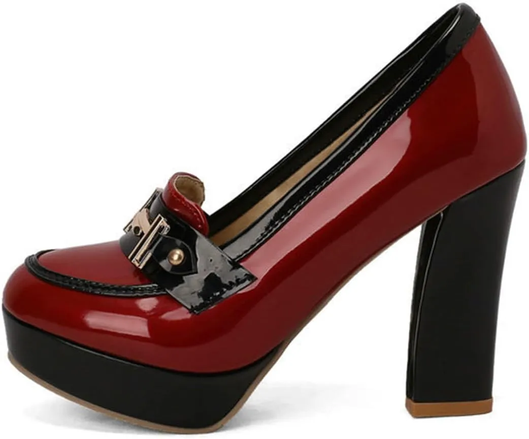 TNXZ Women Round Toe Low Platform High Heel Pumps, Slip On Dress Loafers Leather Patchwork for Ladies Girls Office