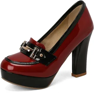 TNXZ Women Round Toe Low Platform High Heel Pumps, Slip On Dress Loafers Leather Patchwork for Ladies Girls Office