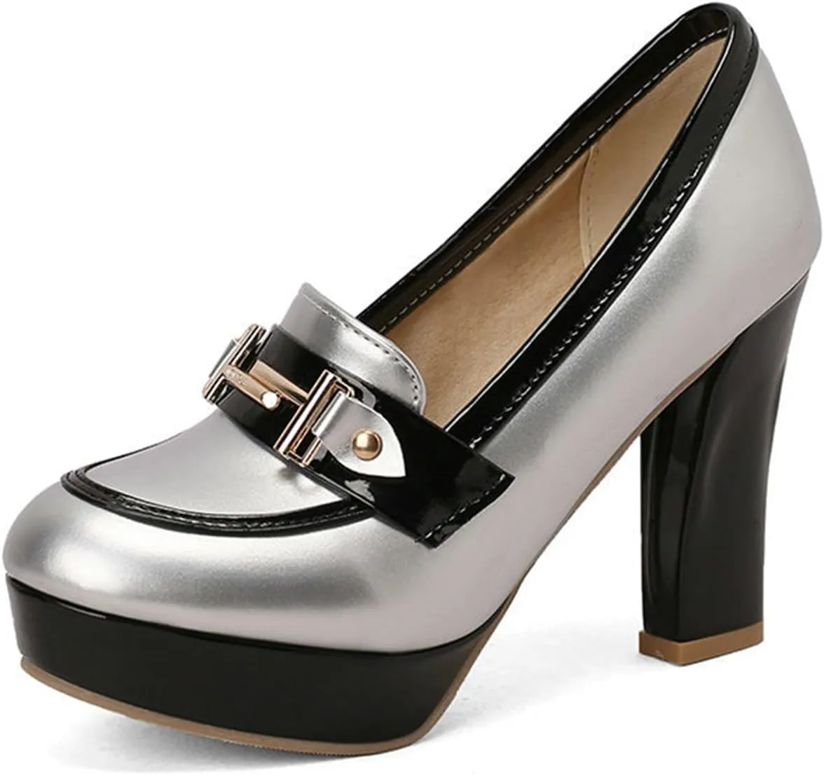 TNXZ Women Round Toe Low Platform High Heel Pumps, Slip On Dress Loafers Leather Patchwork for Ladies Girls Office