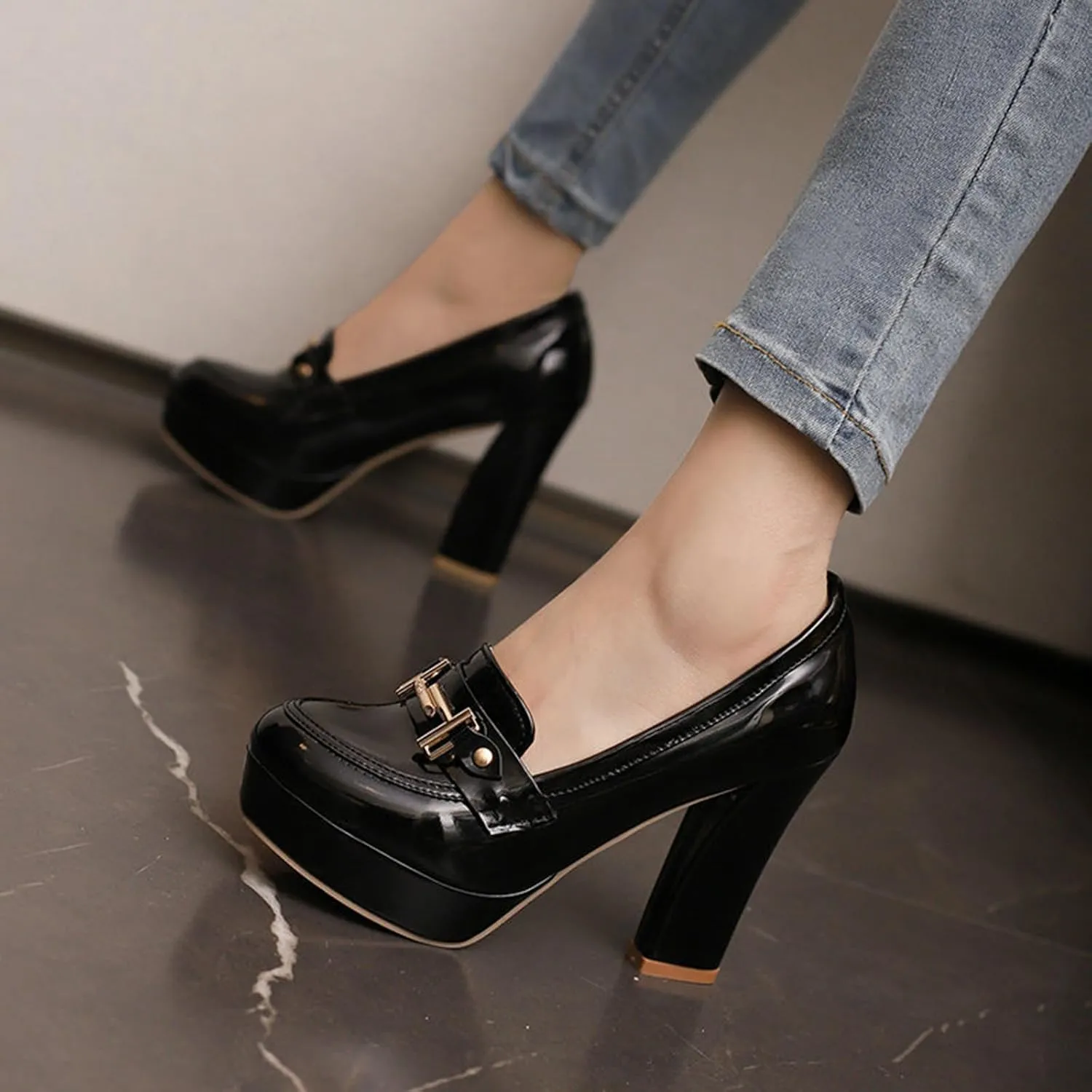 TNXZ Women Round Toe Low Platform High Heel Pumps, Slip On Dress Loafers Leather Patchwork for Ladies Girls Office
