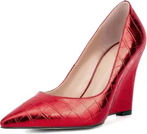 UP2STEP Women Fashion Patent Vegan Leather Printed Wedge High Heeled Slip on Slide Dress Shoes