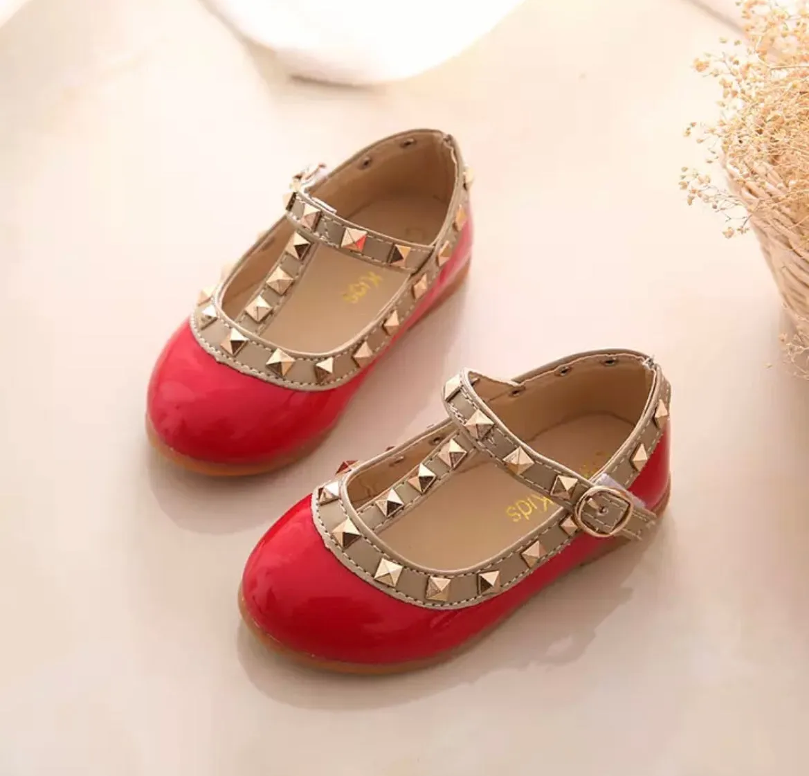 Valerie -Rockstar Stud Patent Leather Girl Shoes - Red