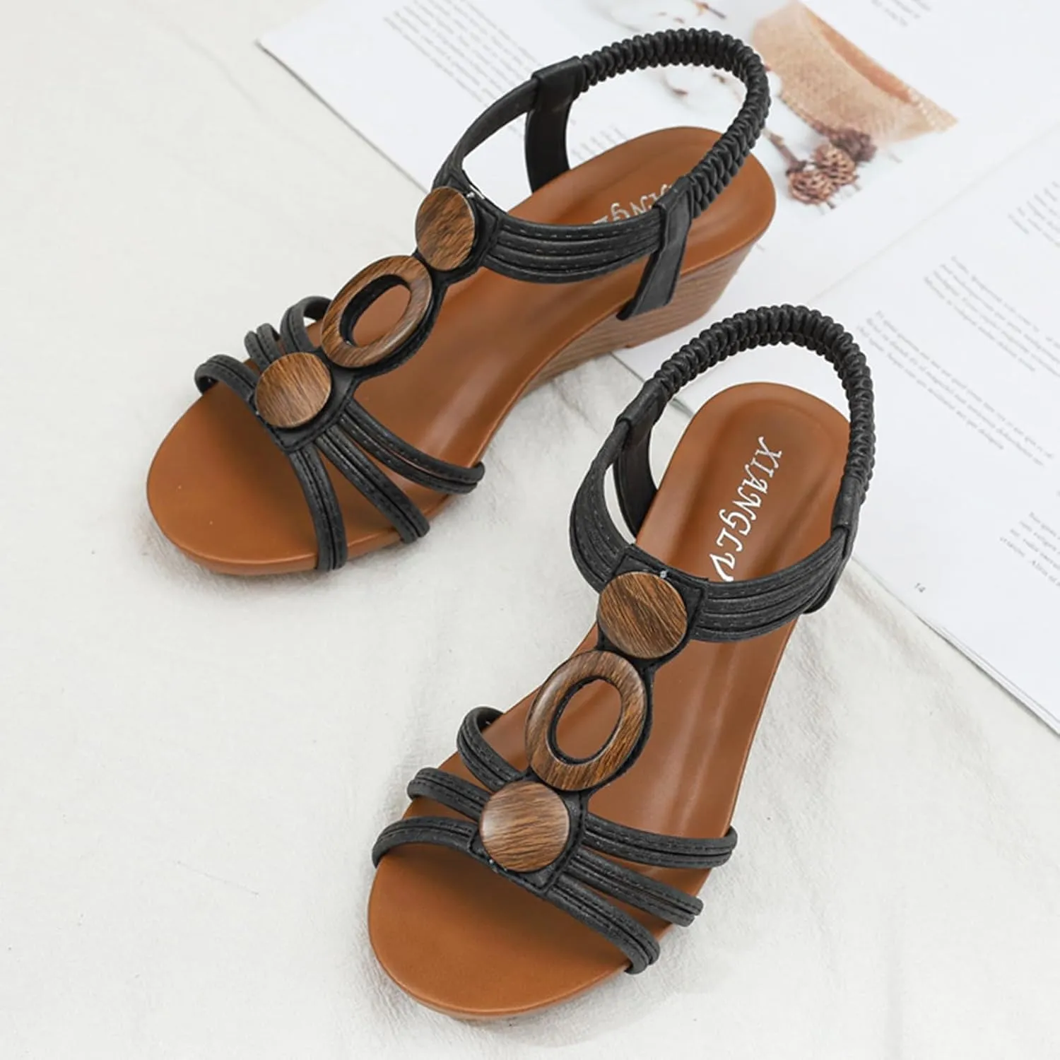 Women Dressy Summer Open Toe Wedge Sandals Summer Casual Elastic Strappy Low Wedge Sandals Comfy Platform Breathable Beach Sandal Bohemia Dress Elegant Wedding Office Work Trendy Sandal