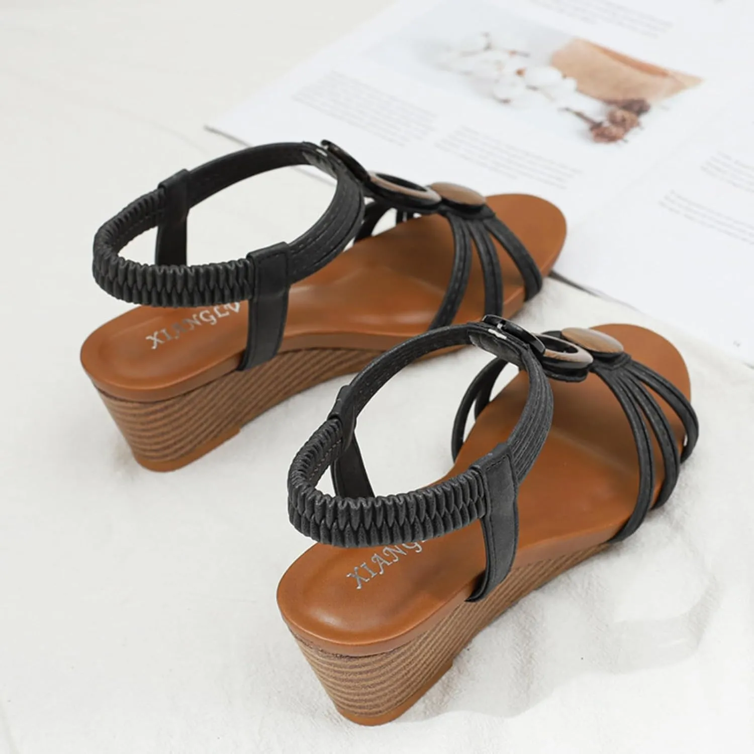 Women Dressy Summer Open Toe Wedge Sandals Summer Casual Elastic Strappy Low Wedge Sandals Comfy Platform Breathable Beach Sandal Bohemia Dress Elegant Wedding Office Work Trendy Sandal