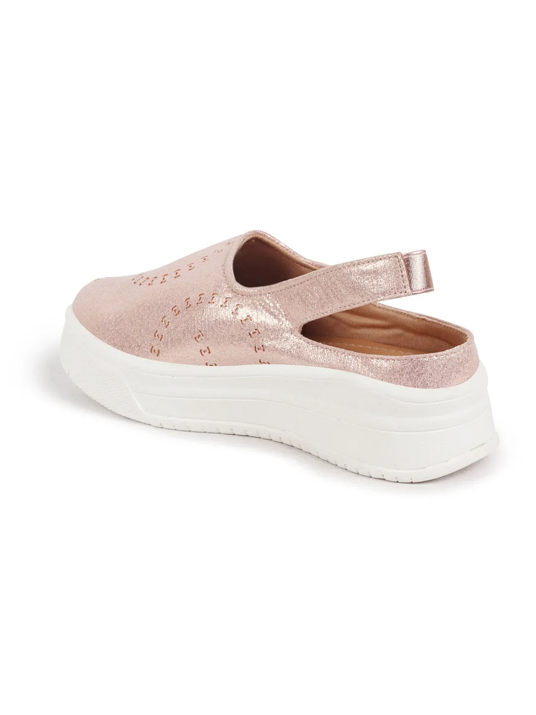 Women Pink Laser Cut Back Strap Flatform Heel Elastic Closure Embellished Slip On Shoes|Stylish|Weekend|Classic Sneaker Shoes