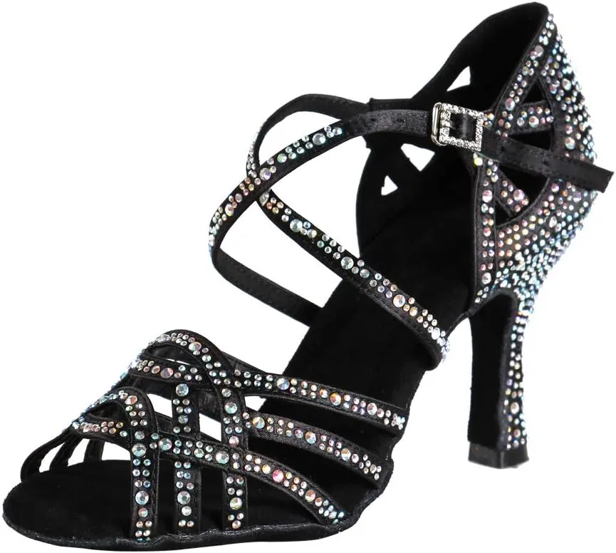 Women Professional Latin Rhinestone Dance Shoes Open Toe Salsa Chacha Ballroom Dance Heels Cross Strap,Model-L357