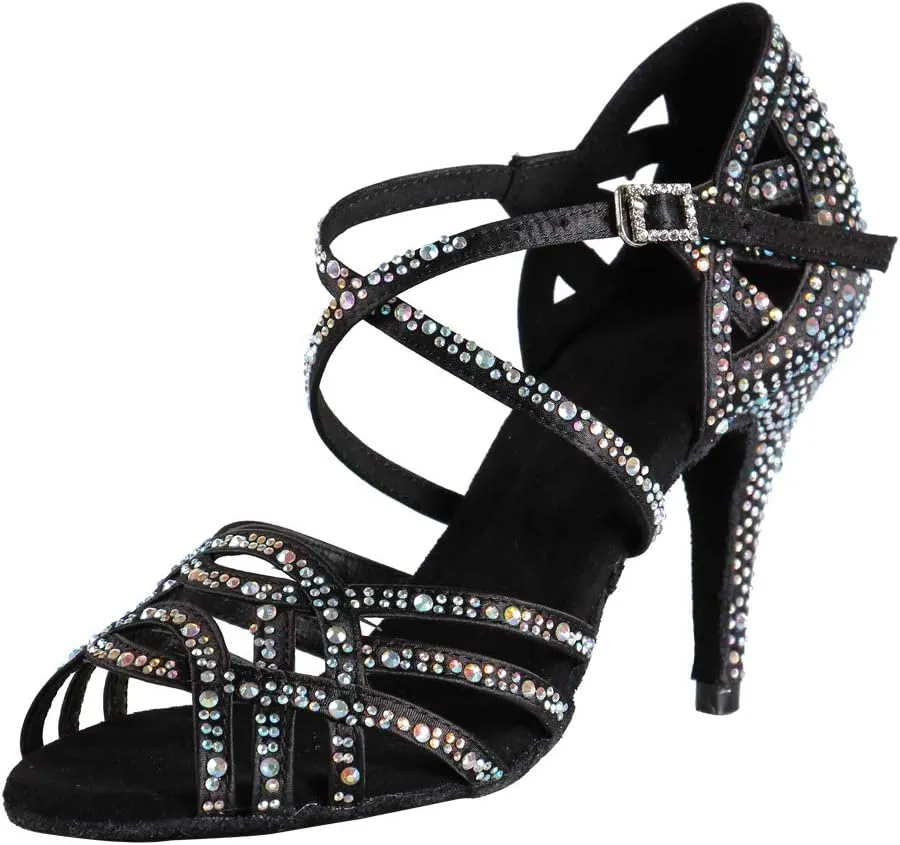 Women Professional Latin Rhinestone Dance Shoes Open Toe Salsa Chacha Ballroom Dance Heels Cross Strap,Model-L357