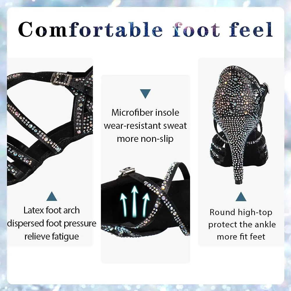 Women Professional Latin Rhinestone Dance Shoes Open Toe Salsa Chacha Ballroom Dance Heels Cross Strap,Model-L357