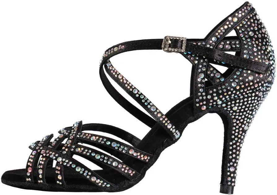 Women Professional Latin Rhinestone Dance Shoes Open Toe Salsa Chacha Ballroom Dance Heels Cross Strap,Model-L357
