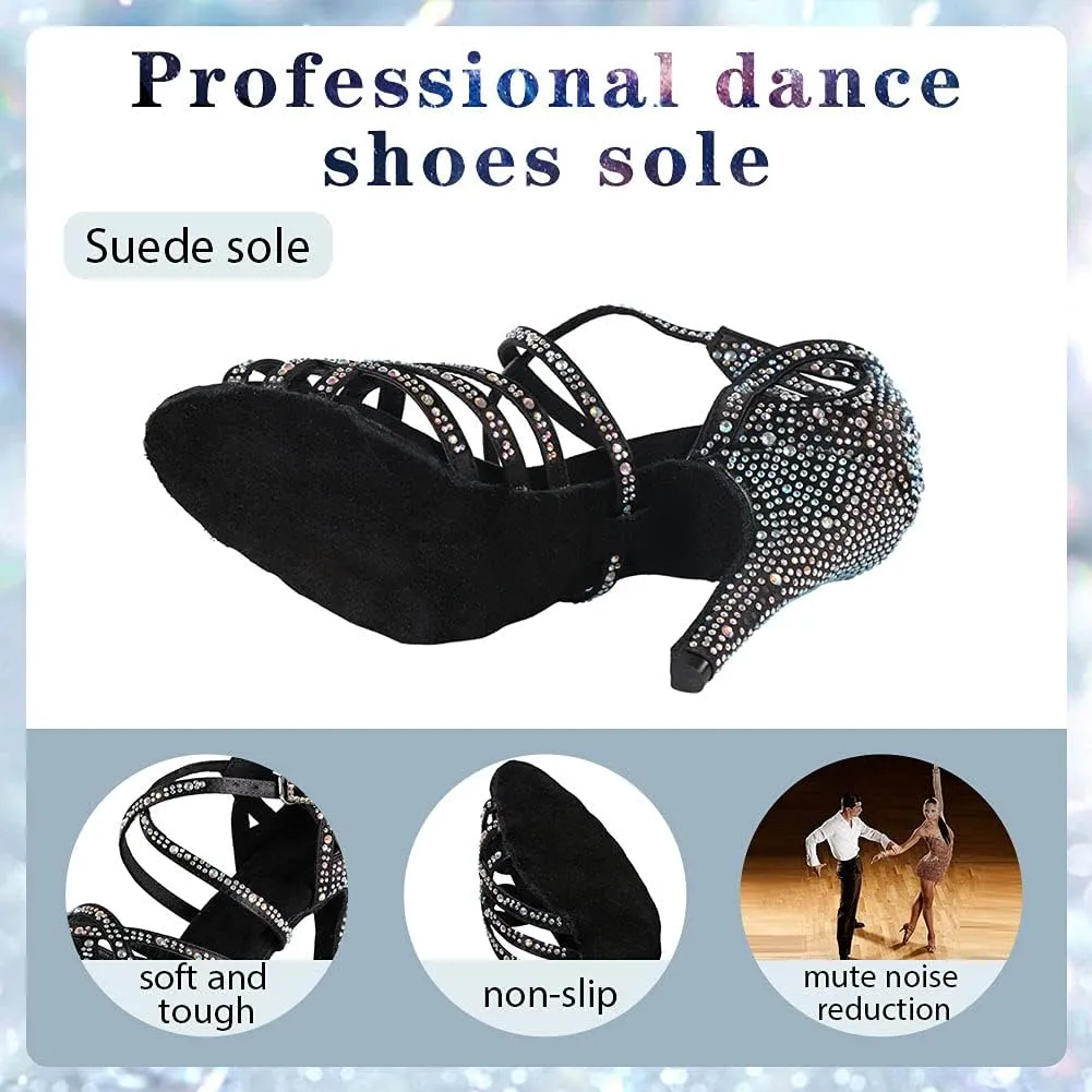 Women Professional Latin Rhinestone Dance Shoes Open Toe Salsa Chacha Ballroom Dance Heels Cross Strap,Model-L357
