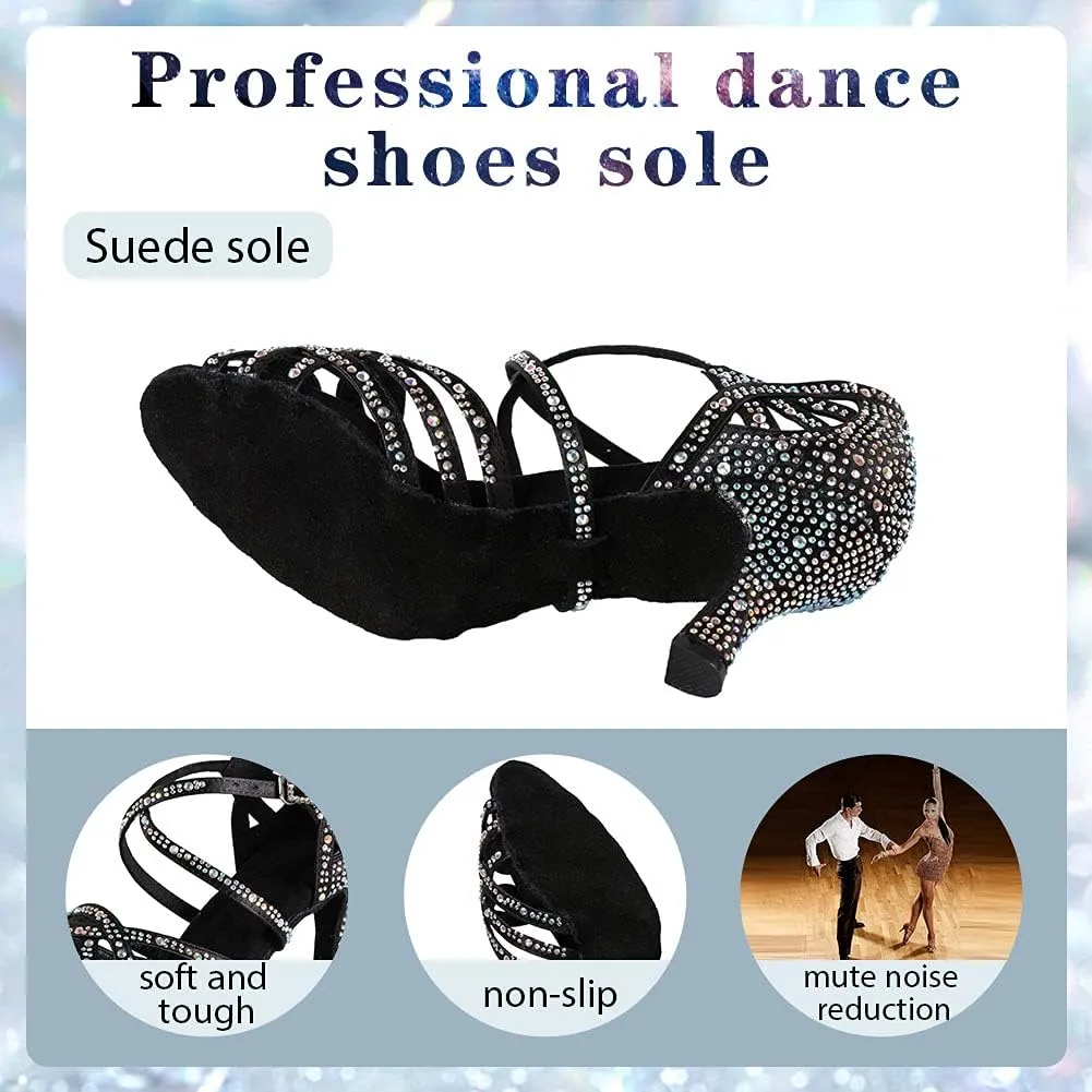 Women Professional Latin Rhinestone Dance Shoes Open Toe Salsa Chacha Ballroom Dance Heels Cross Strap,Model-L357