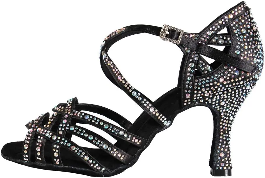 Women Professional Latin Rhinestone Dance Shoes Open Toe Salsa Chacha Ballroom Dance Heels Cross Strap,Model-L357