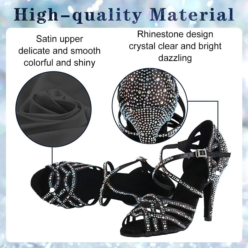 Women Professional Latin Rhinestone Dance Shoes Open Toe Salsa Chacha Ballroom Dance Heels Cross Strap,Model-L357