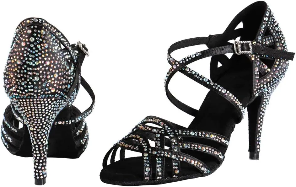 Women Professional Latin Rhinestone Dance Shoes Open Toe Salsa Chacha Ballroom Dance Heels Cross Strap,Model-L357