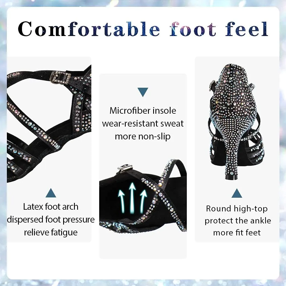 Women Professional Latin Rhinestone Dance Shoes Open Toe Salsa Chacha Ballroom Dance Heels Cross Strap,Model-L357