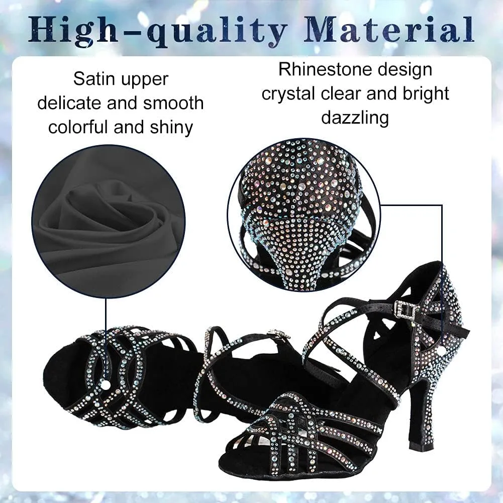 Women Professional Latin Rhinestone Dance Shoes Open Toe Salsa Chacha Ballroom Dance Heels Cross Strap,Model-L357