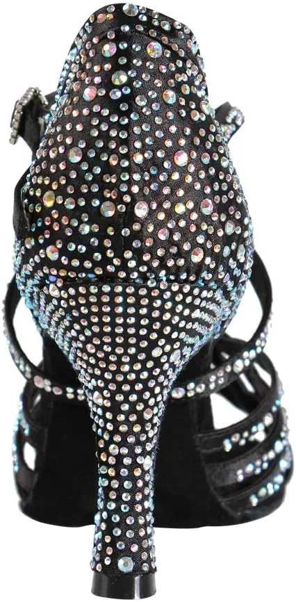 Women Professional Latin Rhinestone Dance Shoes Open Toe Salsa Chacha Ballroom Dance Heels Cross Strap,Model-L357