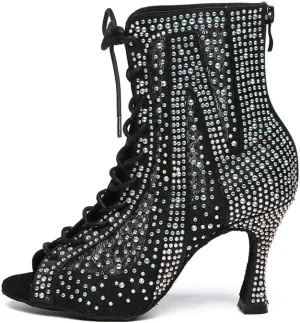 Women Rhinestone Latin Ballroom Ankle Dance Shoes Lace up Salsa Tango Dancing Boots,Model L485