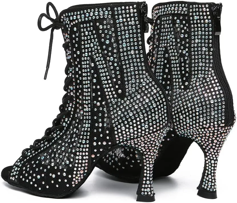 Women Rhinestone Latin Ballroom Ankle Dance Shoes Lace up Salsa Tango Dancing Boots,Model L485