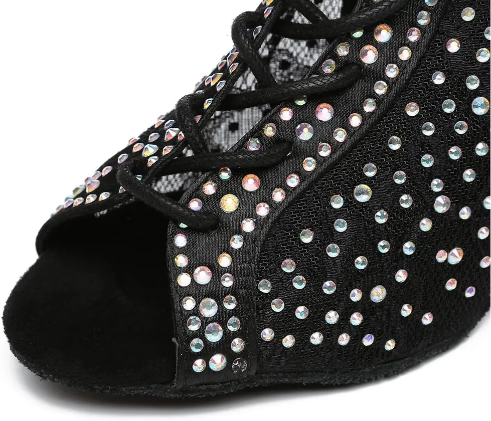 Women Rhinestone Latin Ballroom Ankle Dance Shoes Lace up Salsa Tango Dancing Boots,Model L485