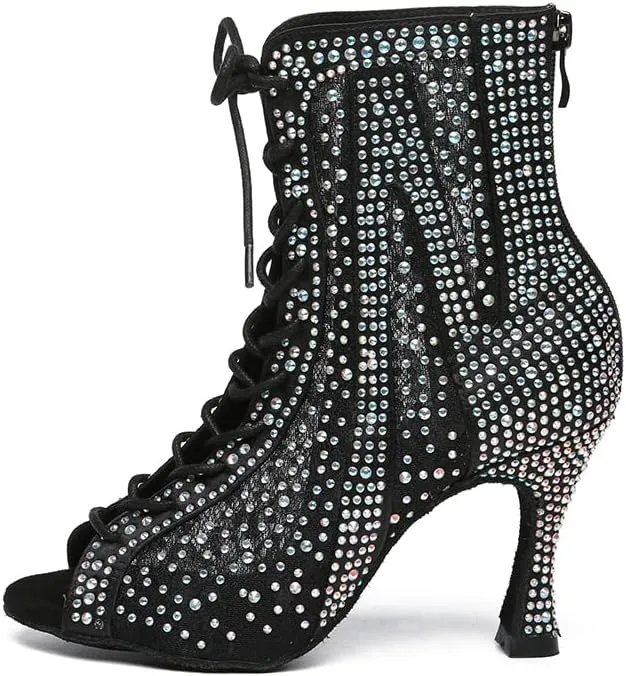 Women Rhinestone Latin Ballroom Ankle Dance Shoes Lace up Salsa Tango Dancing Boots,Model L485