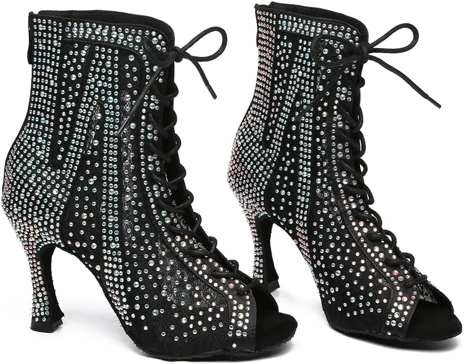 Women Rhinestone Latin Ballroom Ankle Dance Shoes Lace up Salsa Tango Dancing Boots,Model L485
