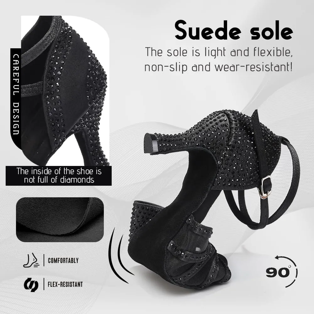 Women's Ballroom Dance Shoes Rhinestones Open Toe Professional Latin Salsa Performance Dancing Heels,Model YC-L598-Suede Sole-3Heel