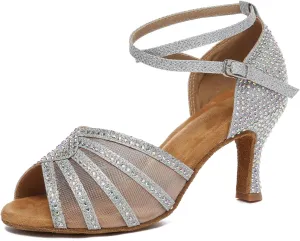 Women's Ballroom Dance Shoes Rhinestones Open Toe Professional Latin Salsa Performance Dancing Heels,Model YC-L598-Suede Sole-3Heel