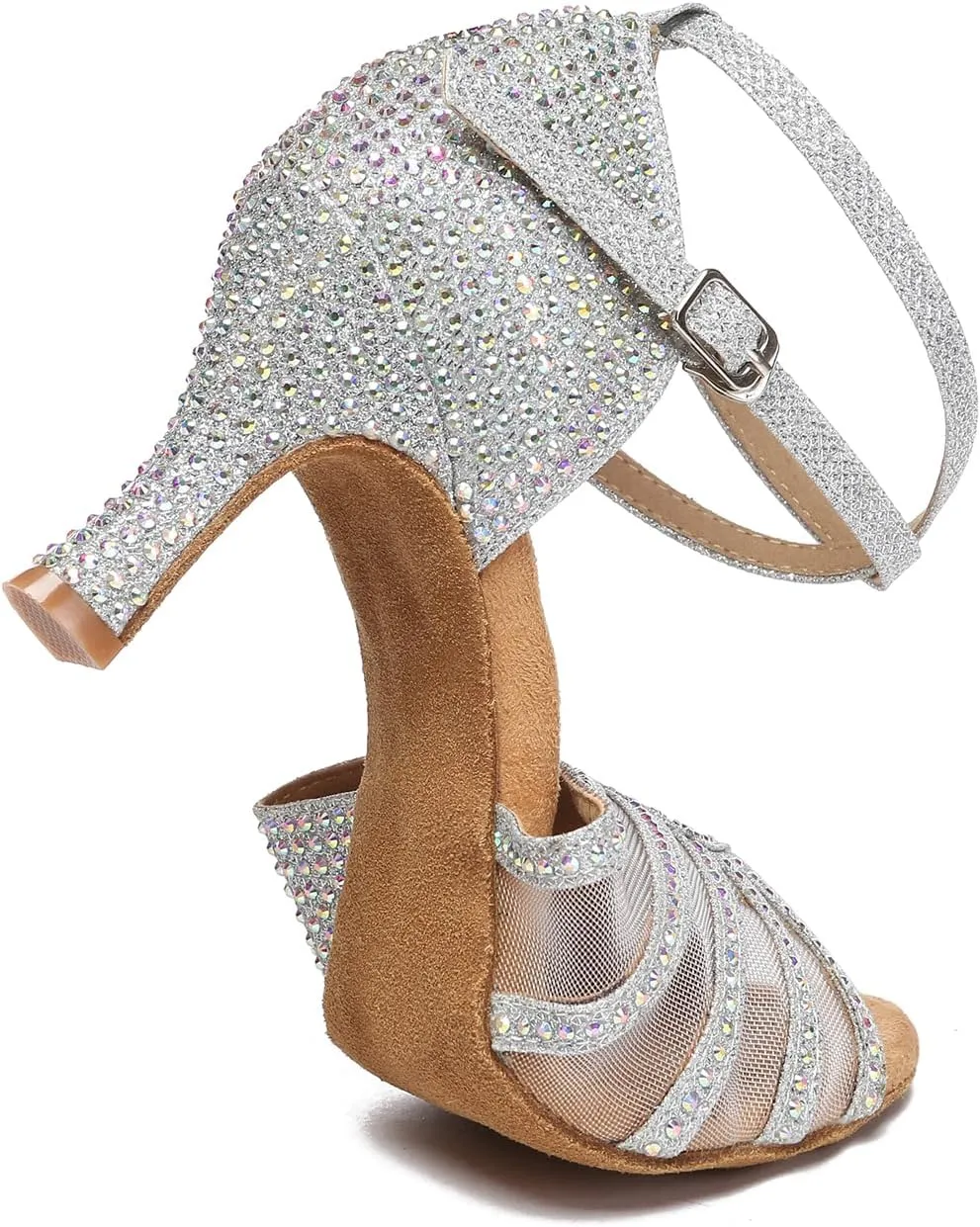 Women's Ballroom Dance Shoes Rhinestones Open Toe Professional Latin Salsa Performance Dancing Heels,Model YC-L598-Suede Sole-3Heel