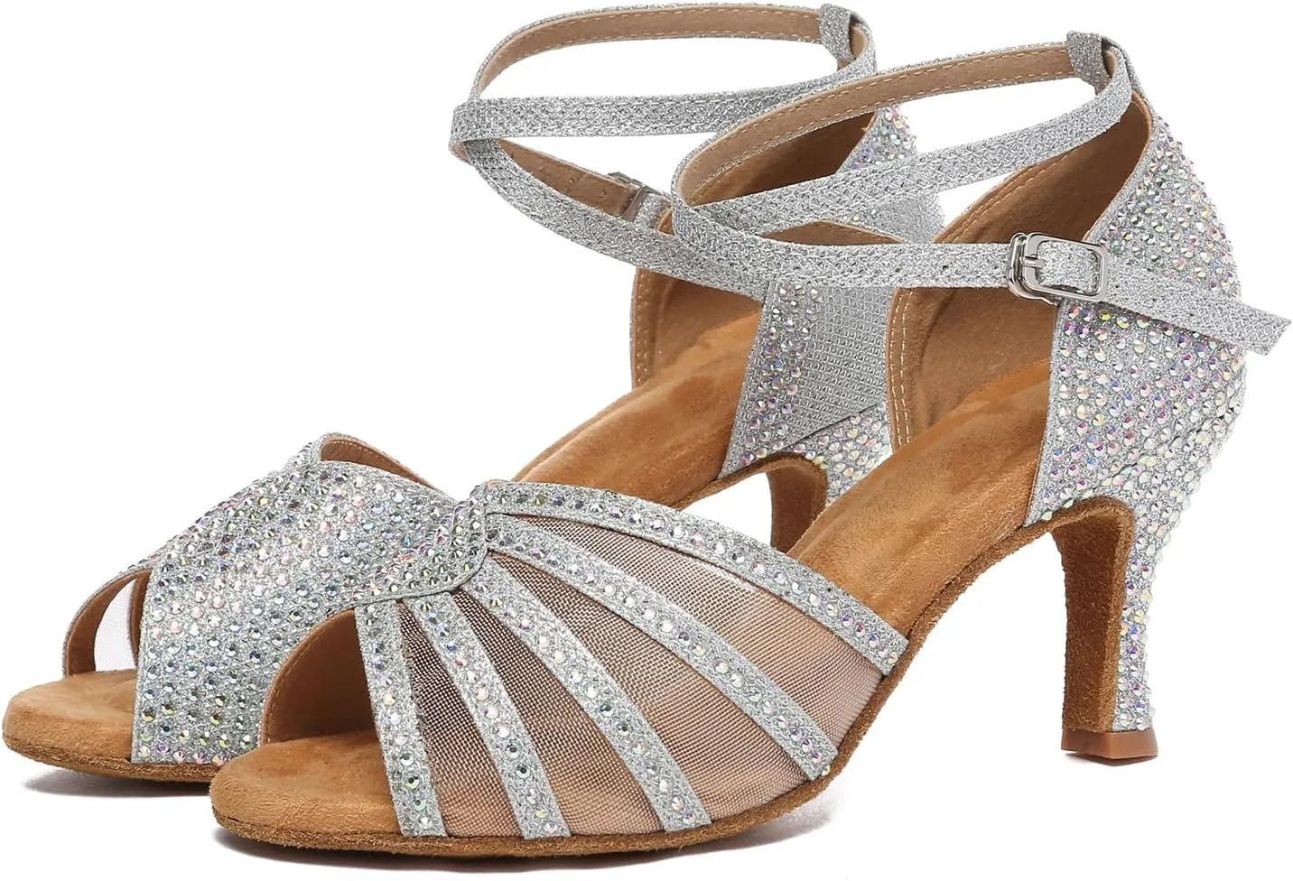 Women's Ballroom Dance Shoes Rhinestones Open Toe Professional Latin Salsa Performance Dancing Heels,Model YC-L598-Suede Sole-3Heel
