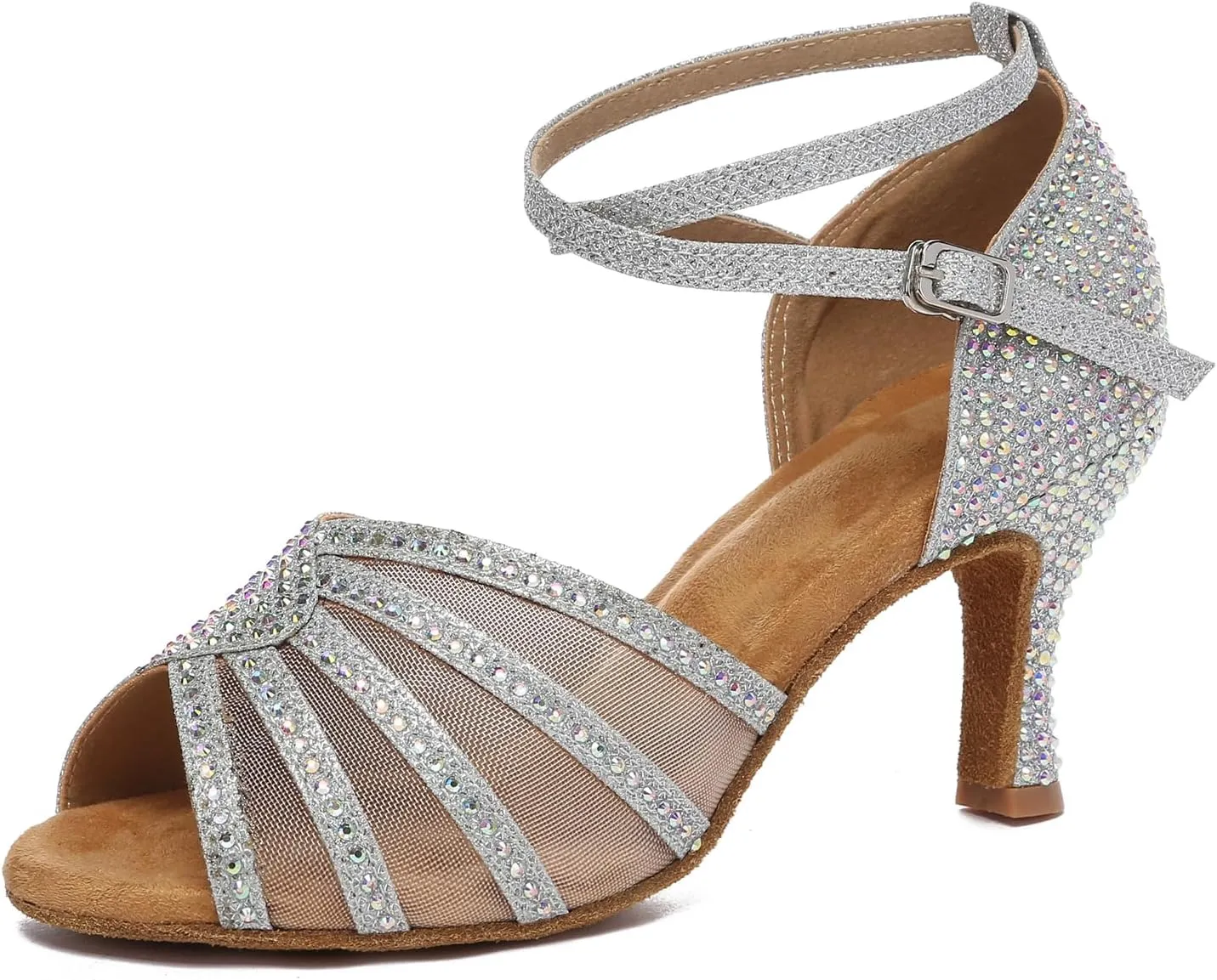Women's Ballroom Dance Shoes Rhinestones Open Toe Professional Latin Salsa Performance Dancing Heels,Model YC-L598-Suede Sole-3Heel