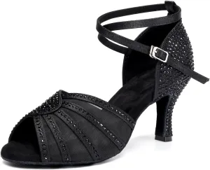Women's Ballroom Dance Shoes Rhinestones Open Toe Professional Latin Salsa Performance Dancing Heels,Model YC-L598-Suede Sole-3Heel
