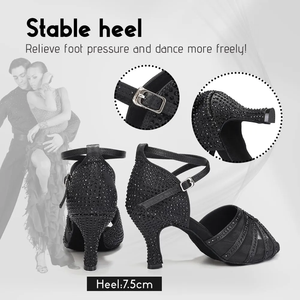 Women's Ballroom Dance Shoes Rhinestones Open Toe Professional Latin Salsa Performance Dancing Heels,Model YC-L598-Suede Sole-3Heel
