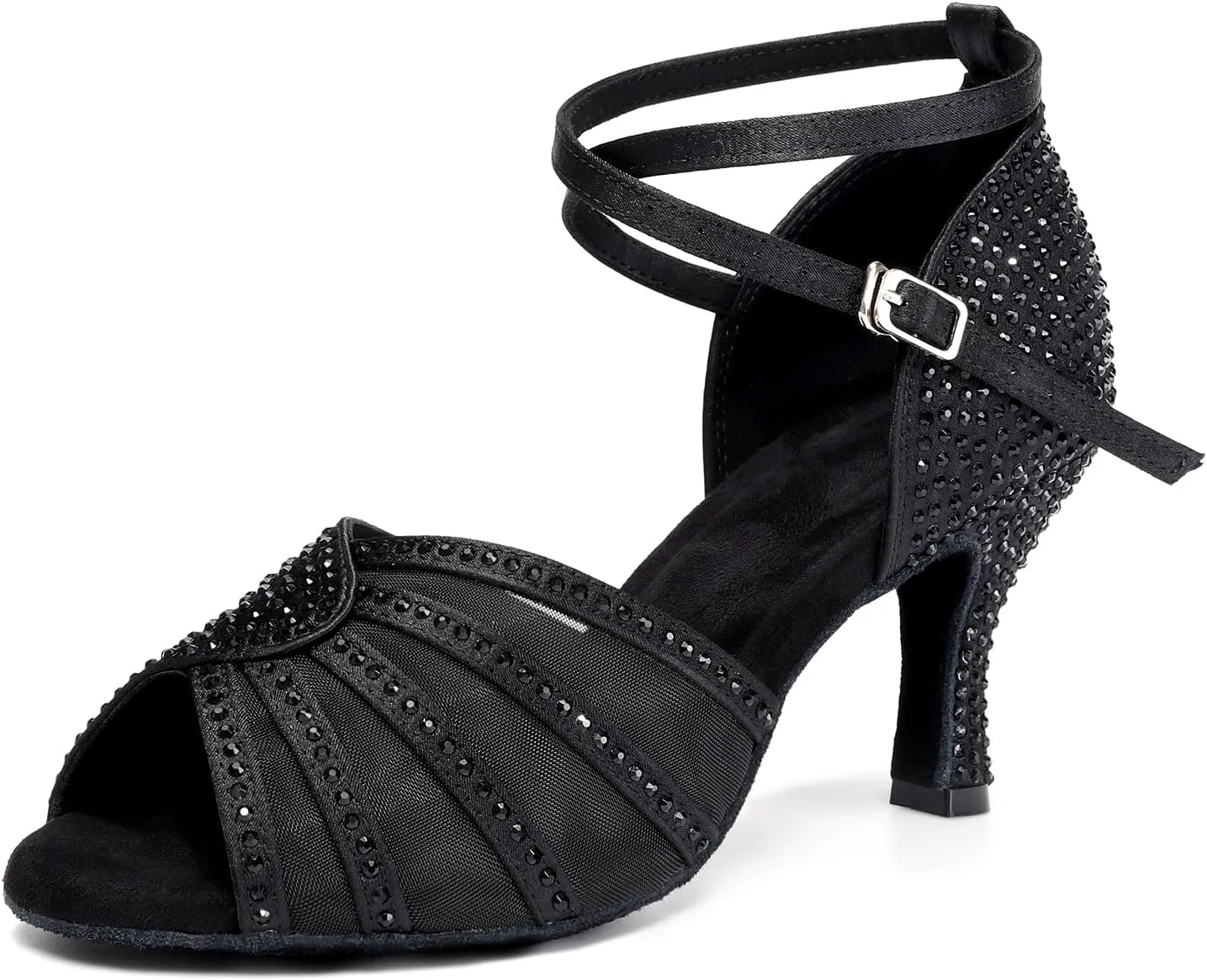Women's Ballroom Dance Shoes Rhinestones Open Toe Professional Latin Salsa Performance Dancing Heels,Model YC-L598-Suede Sole-3Heel
